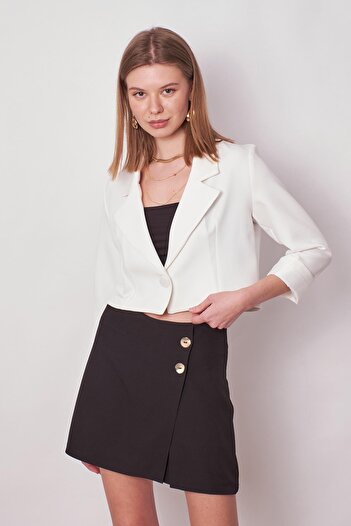 Jument Women's Double Breasted Wrap Light Lycra Fabric Crop Short Blazer Jacket-Cream