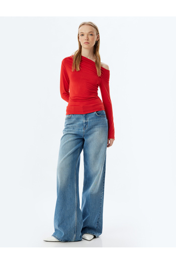 Koton Long Sleeve DrAped Slim Fit Blouse - BoAt Neck, Off the Shoulder