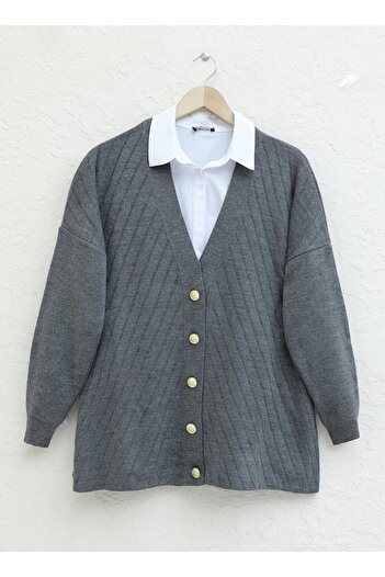 Modamorfo Cross Striped Brooch Buttoned Knitwear Cardigan - Smoked