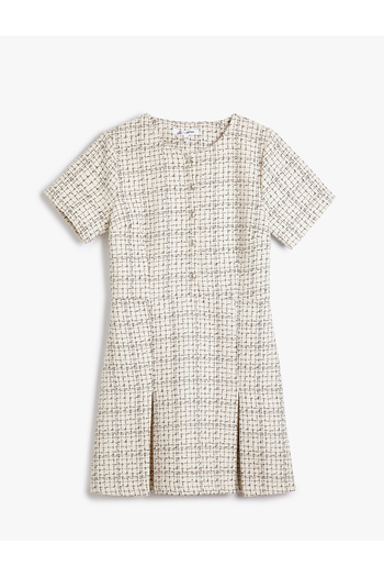 Koton Mini Tweed Dress Short Sleeve Crew Neck Button Slit