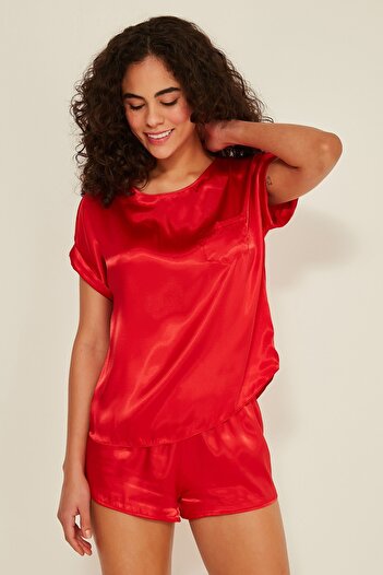 C&City 080 Women's Satin T-shirt Shorts Set Red
