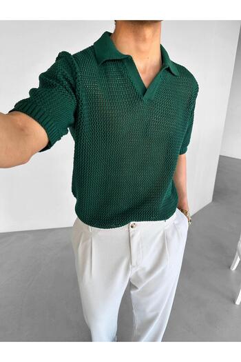 ablukaonline Πράσινο ανδρικό μπλουζάκι Oversize ριγέ - Μισόπατι γιακά