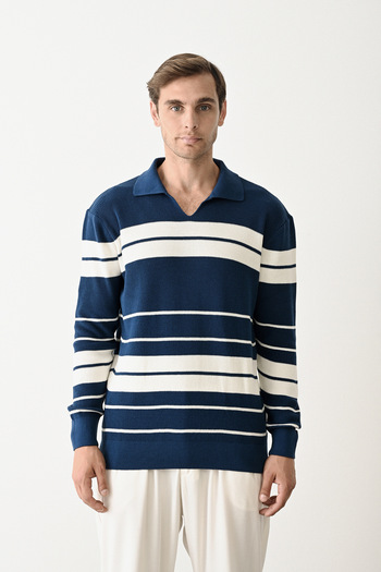 İLKCET MODA V-Neck Premium Striped Knitwear Men's Sweater