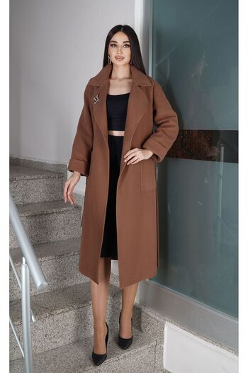 Eccim Fashion Double Breasted Collar Long Women's Coat with Brooch