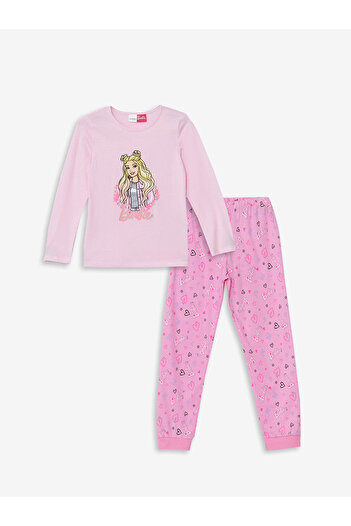 LC Waikiki Langarm-Pyjama-Set für Mädchen mit Barbie-Aufdruck und Rundhalsausschnitt