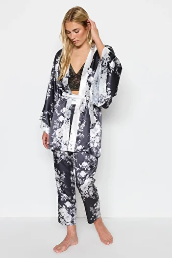 C&City Rochie braletă cu pantaloni Set pijama din satin 3 piese 9064 Alb/negru