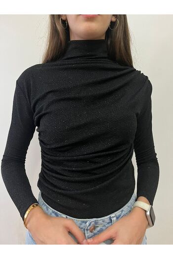 havina Women's Stand Collar Shoulder and Waist Gathered Long Sleeve Glitter Blouse