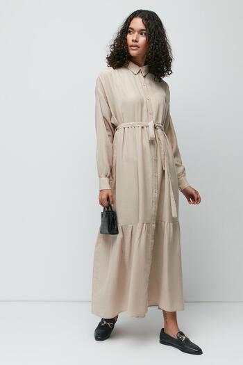 C&City Organic Cotton Muslin Long Sleeve Dress 9128 Light Beige