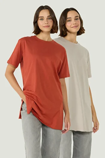 C&City Crew Neck Half Sleeve Slit 2-Piece Long T-Shirt 963 Gray/Tile