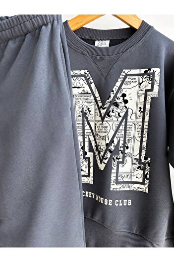 Baby Babyaden m - Mickey Patterned Cotton Lettered 3 Thread Non-Rated Girl's Tracksuit Set
