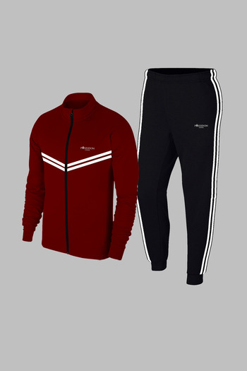 POSEIDON STORM New Series Men's Claret Red Supra Combed Cotton Fabric Zippered Hooded Running and Walking Set S-3Xl