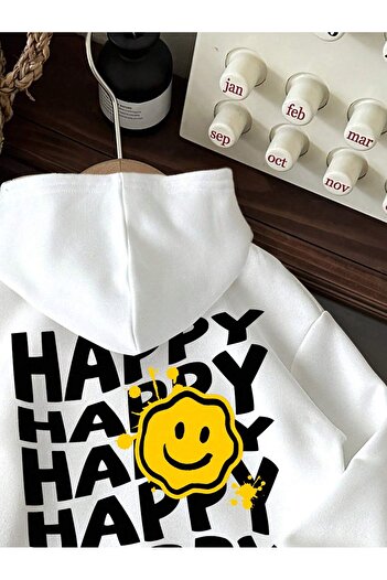 PENTHİLUS Λευκή κουκούλα Oversize - Φούτερ με κουκούλα Happy Printed