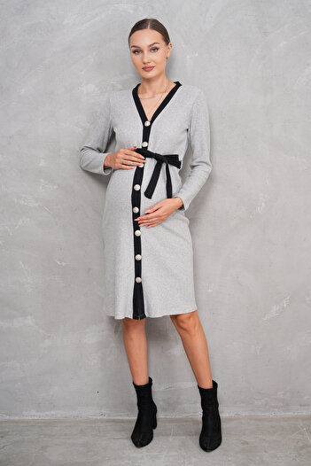 Miss Dünya Lissa Buttoned Front Soft Corduroy Maternity and Maternity Midi Dress
