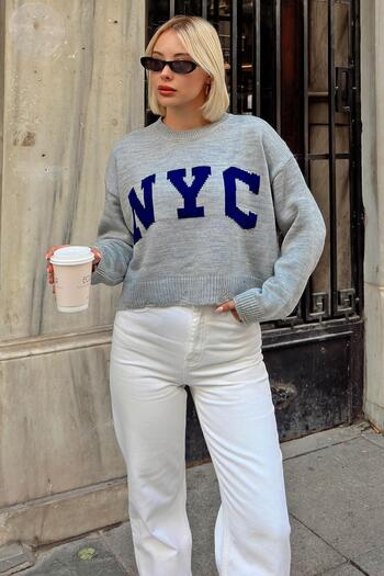 Swist Gray Nyc Patterned Ripped Detail Women's Crop Knitwear Sweater
