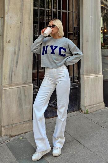 Swist Gray Nyc Patterned Ripped Detail Women's Crop Knitwear Sweater