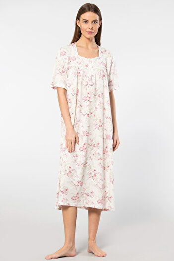 TÜREN 3389 Women's Floral Battal Short Sleeve Nightgown