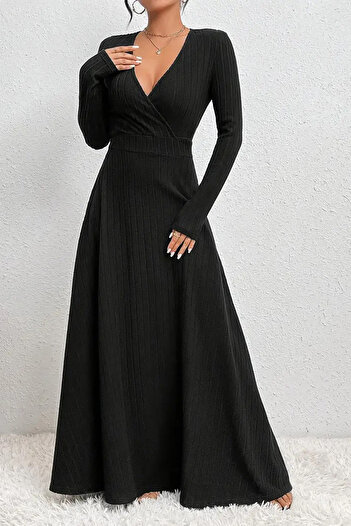 missamour Women's Black V-Neck Max Dress with Waist Belt