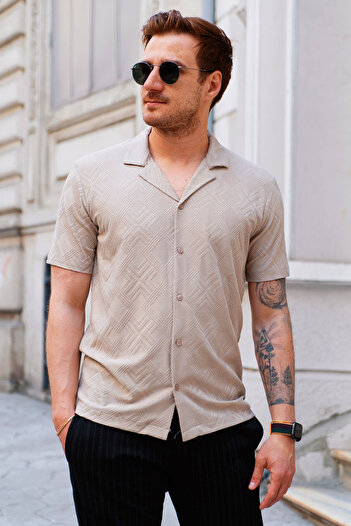 Valiberta Beige Men's Jacquard Patterned Short Sleeve Relaxed Shirt