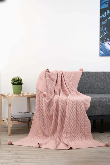 DOUX HOME Leyla Knitwear Knitted Tv Blanket with 4 Pompoms 130 X 170 (Pink)