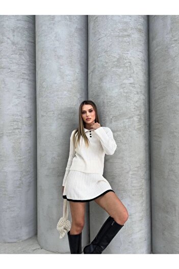 NİLZA Polo Collar Women's Knitwear Sweater and Skirt Set - Ecru