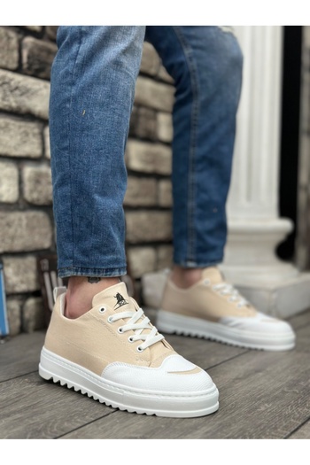 BESKAR BOA BA0328 - Thick High Sole Smile Patterned Cream Men's Sneakers