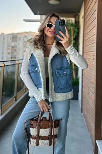 trendalisse Women's Cover Pocket Detail Curly Fur Denim Plush Vest