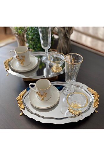 atabey home collection 2 ADET Kahve & Çay & Sunum Tepsisi OVAL AYAKLI DÖKÜM GÜLLÜ 32 CM