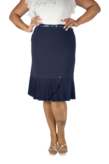 LADY FANCY Navy Blue Large Size Thin Pleated Ribbon Stoned Belt Skirt