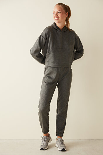 Penti Dark Gray Melange Soft Textured Hooded Kangaroo Pocket Sweatshirt