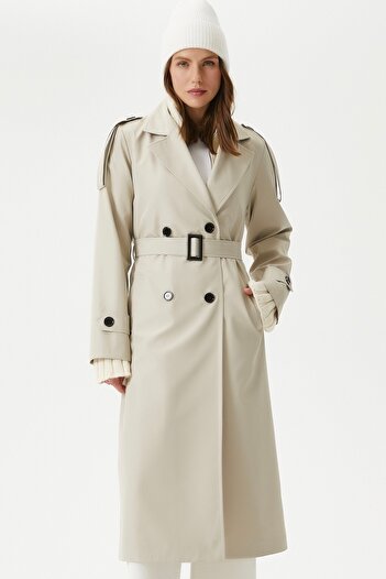 Ritnice Women's Detroit Lined Epaulet Detailed Long Stone Trench Coat