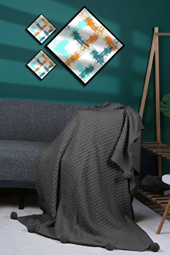 DOUX HOME Yeliz Knitwear Knitted Tv Blanket with 10 Pompoms 130 X 170 (Anthracite)