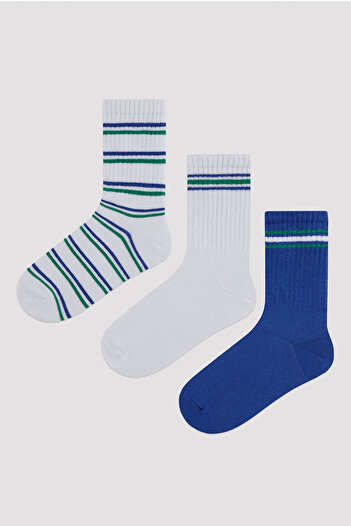 Penti Boy's Blue Line Printed 3-Piece Tennis Socks