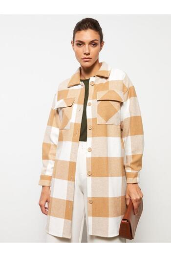 LC Waikiki Ecru Plaid Front Button Closure Plaid Long Sleeve Gabardine Women's Shirt Jacket