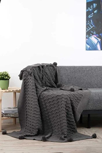 DOUX HOME Meral Knitwear Braided Pompom Tv Blanket 130 X 170 cm (Anthracite)