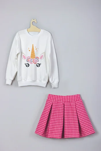 MYADA Unicorn Printed Plaid Sweatshirt and Check Skirt Set - 22204