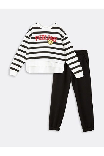 LC Waikiki Lcw Kids Ecru Printed Crew Neck Girl's Sweatshirt and Sweatpants