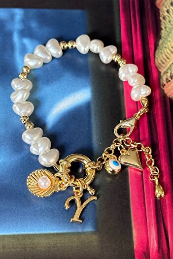 Trendy Butik Y Letter Pearl Model Oyster, Evil Eye and Heart Dangle Design Bracelet