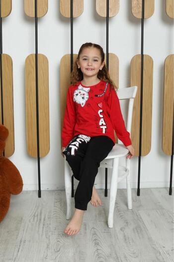 Mutlu City New Season Girl's Waiter Long Sleeve Cotton Cat Pattern Combed Cotton Pajama Set 6053