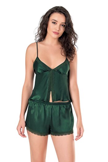 PRIMODA Dark Green Satin Babydoll Shorts Set 9128