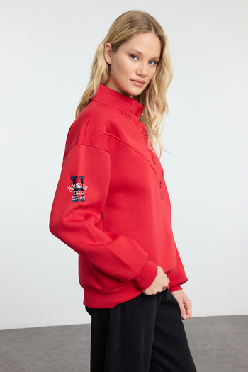 Trendyol Collection Dark Red Embroidered Fleece Oversize Sweatshirt - Stand Collar Twoaw24Sw00322
