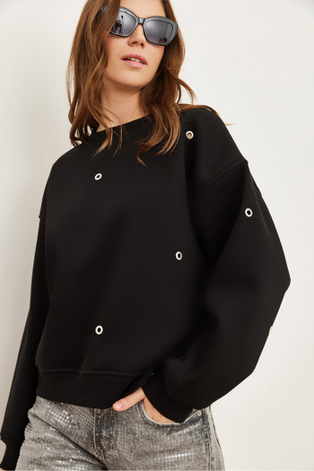 Olalook Women's Black Bird Eye Detailed Raised Premium Sweatshirt Swt- 19000672