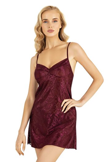 PRIMODA Floral Print Mini Satin Burgundy Nightgown - 8219
