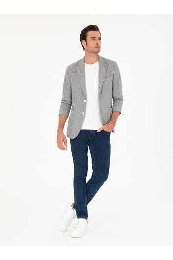 Cacharel Açık Gri Slim Fit Çizgili Yün Karışımlı Ceket 50284497-VR001