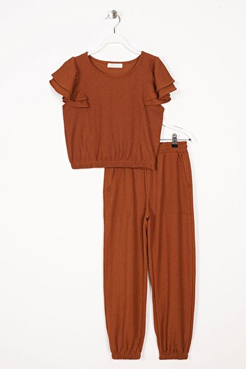 zepkids Girl's Double Suit - Crew Neck, Elastic Leg, Brown Color