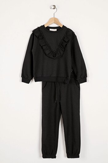 zepkids Crew Neck Long Sleeve Ruffle Detailed Black Color Girl's Two Piece Set