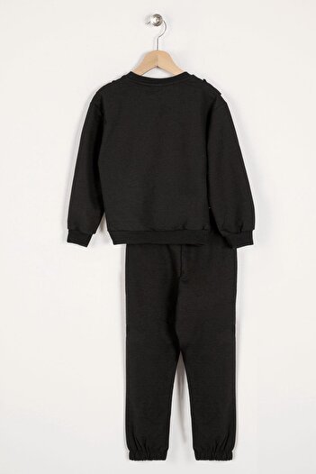 zepkids Crew Neck Long Sleeve Ruffle Detailed Black Color Girl's Two Piece Set