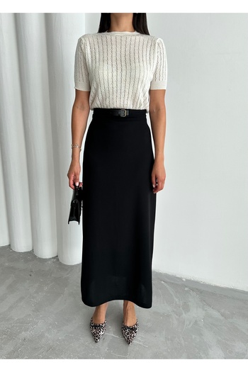 Laluvia Black Mary Belted Crepe Knitted Skirt