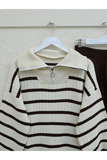 Modamorfo Striped Knitwear Set with Zipper Collar - Brown