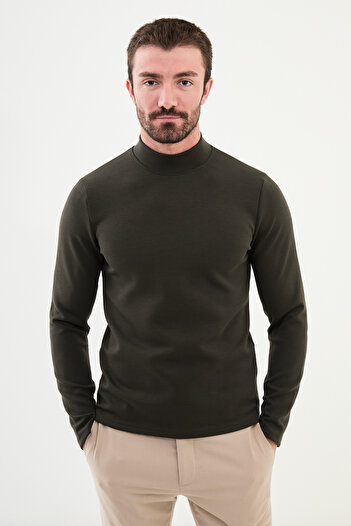 Mcr Plain Slim Fit Half Turtleneck Long Sleeve Men's T-Shirt Khaki - 36838.24K