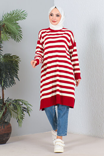 MODAQU Long Knitwear Tunic - Red Stripe